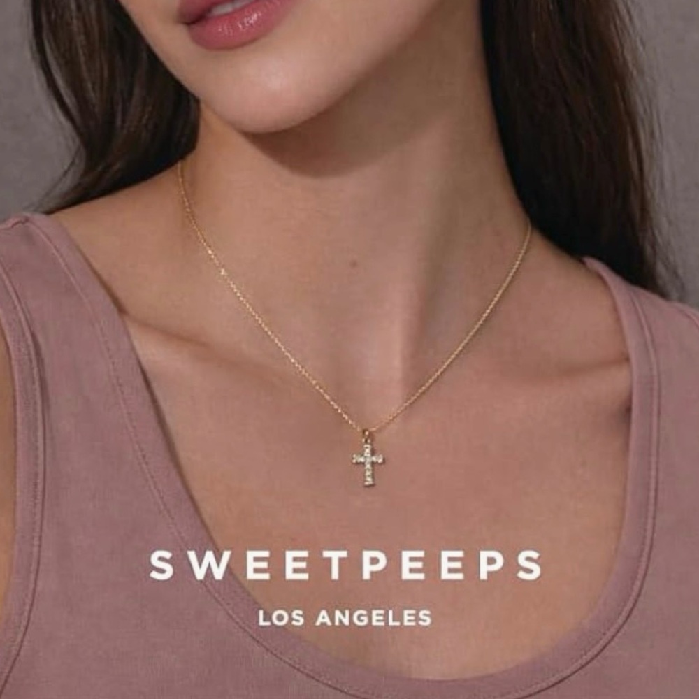 SWEET PEEPS 18K Gold Dipped CZ Cross Necklace Gold Dainty Minimalist 16” Chain - Picture 6 of 7